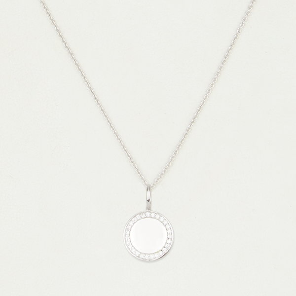 Engraved Crystal Disc Necklace- Silver